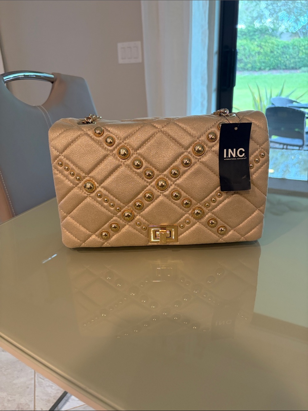 INC International Concepts Quilted Metallic Gold Crossbody with Stud Accents